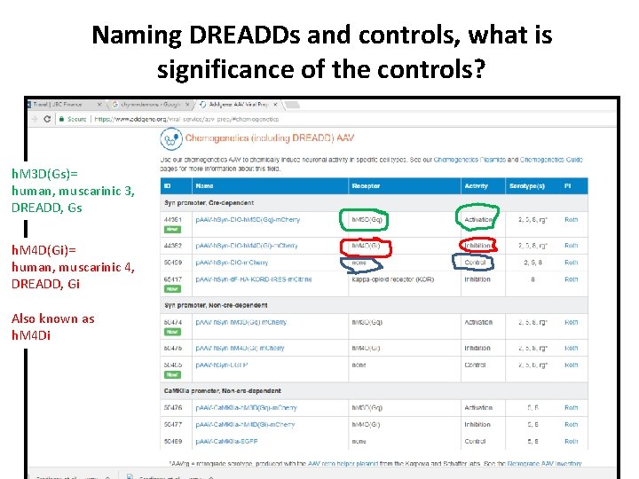 Naming DREADDs and controls, what is significance of the controls? h. M 3 D(Gs)=