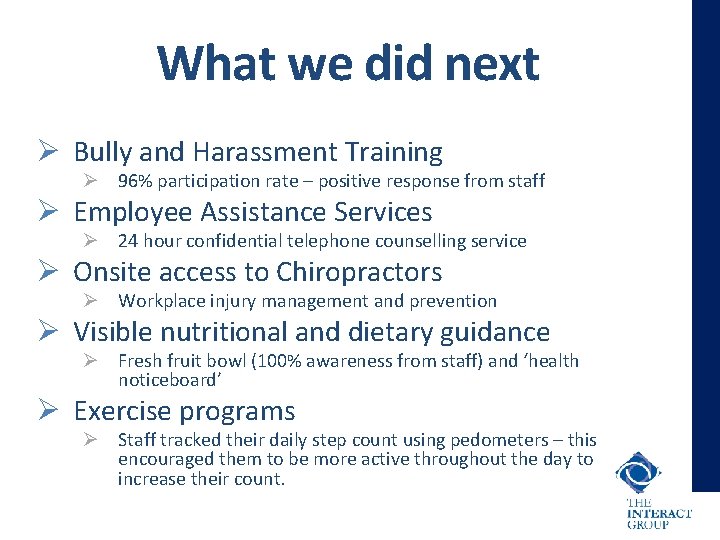 What we did next Ø Bully and Harassment Training Ø 96% participation rate –