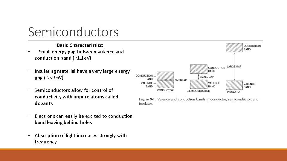 Semiconductors Basic Characteristics: • Small energy gap between valence and conduction band (~1. 1