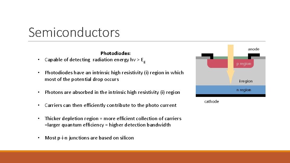 Semiconductors Photodiodes: • Capable of detecting radiation energy hv > Eg • Photodiodes have
