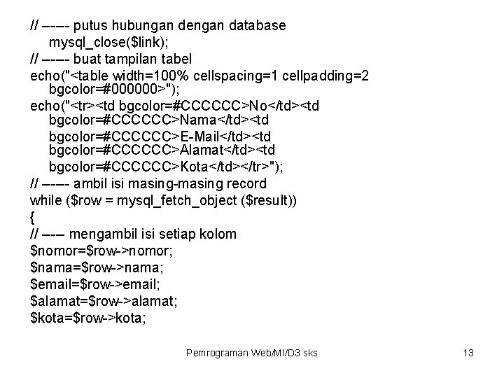 // ------ putus hubungan dengan database mysql_close($link); // ------ buat tampilan tabel echo("<table width=100%
