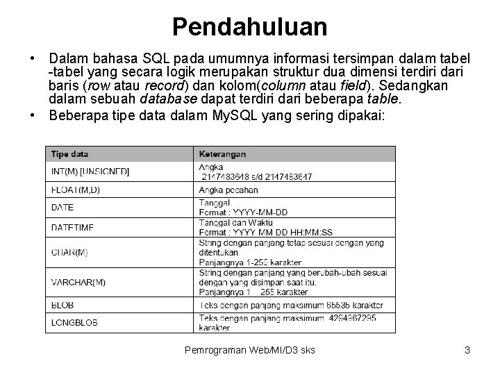 Pendahuluan • Dalam bahasa SQL pada umumnya informasi tersimpan dalam tabel -tabel yang secara