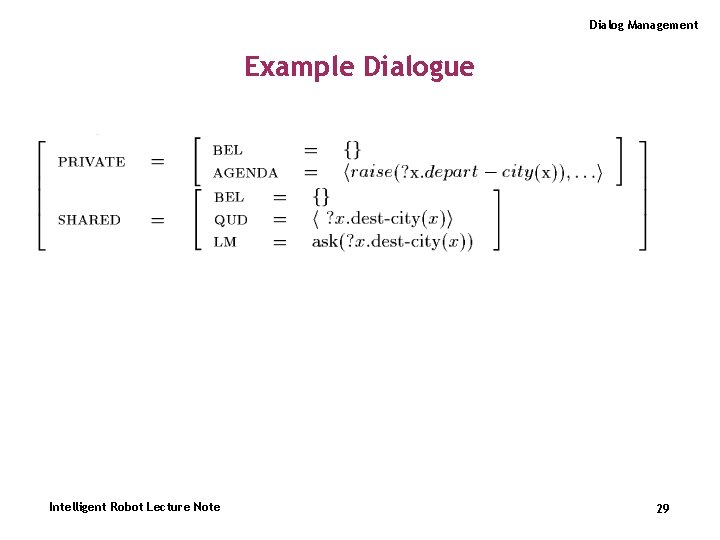 Dialog Management Example Dialogue Intelligent Robot Lecture Note 29 