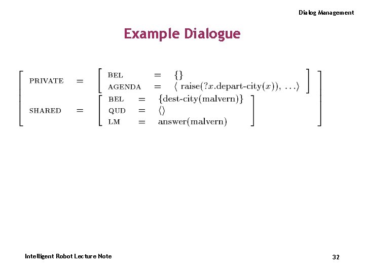 Dialog Management Example Dialogue Intelligent Robot Lecture Note 32 