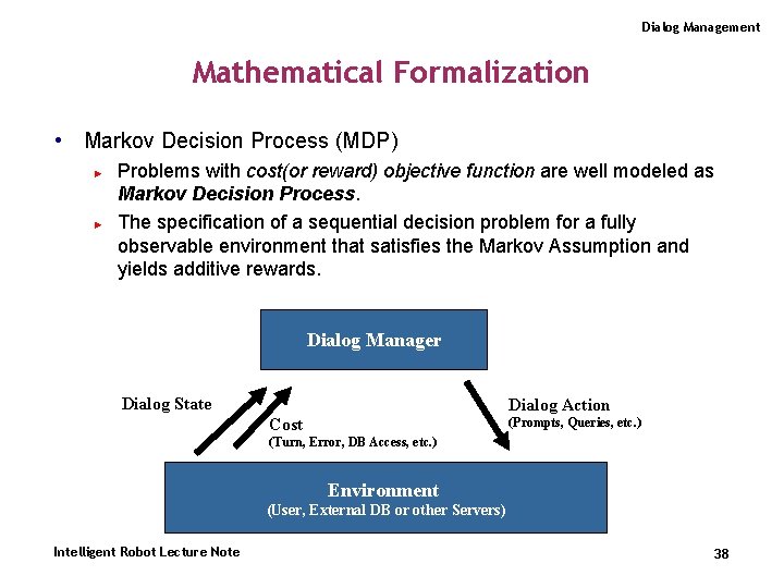 Dialog Management Mathematical Formalization • Markov Decision Process (MDP) ► ► Problems with cost(or