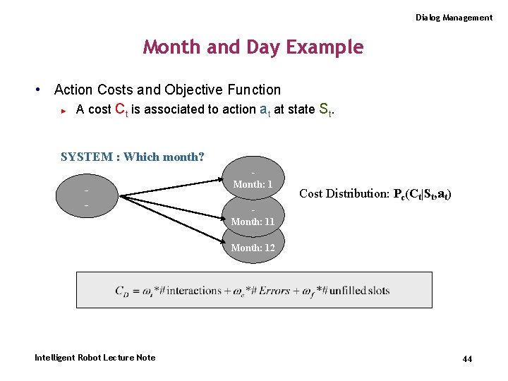 Dialog Management Month and Day Example • Action Costs and Objective Function ► A