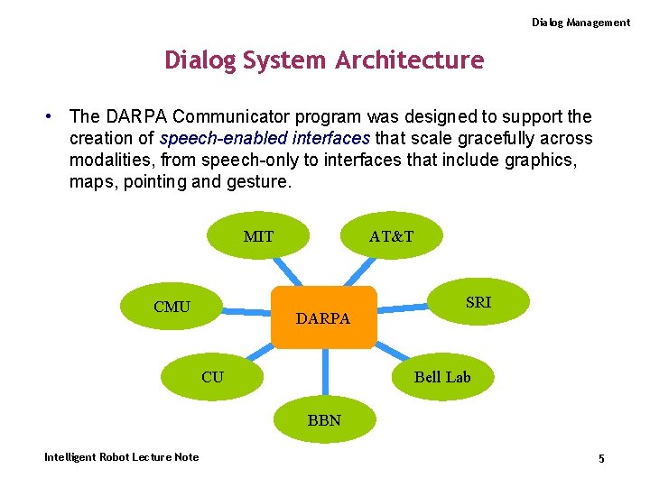 Dialog Management Dialog System Architecture • The DARPA Communicator program was designed to support