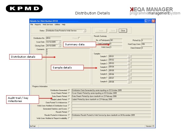 Distribution Details Summary data Distribution details Sample details Audit trail / key milestones programmemanagementsystem