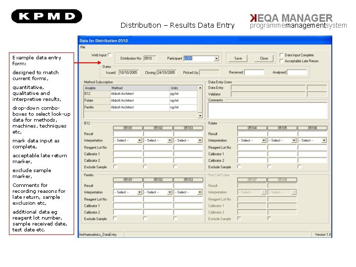 Distribution – Results Data Entry Example data entry form: designed to match current forms,