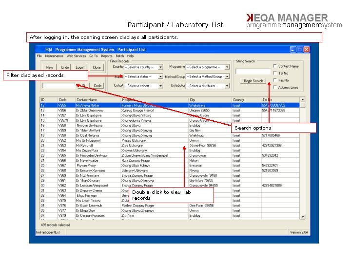 Participant / Laboratory List programmemanagementsystem After logging in, the opening screen displays all participants.