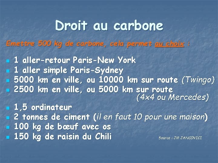 Droit au carbone Emettre 500 kg de carbone, cela permet au choix : n