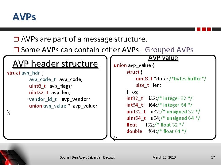 AVPs are part of a message structure. Some AVPs can contain other AVPs: AVP