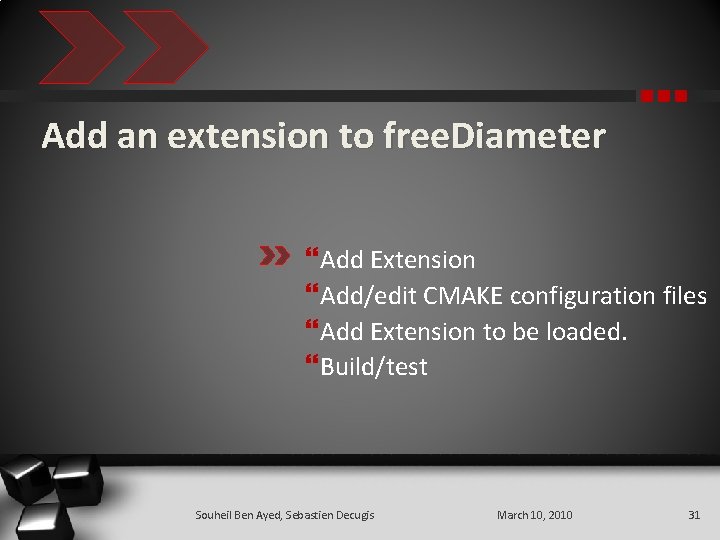 Add an extension to free. Diameter Add Extension Add/edit CMAKE configuration files Add Extension