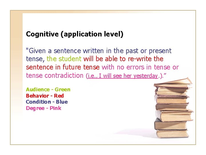 Cognitive (application level) "Given a sentence written in the past or present tense, the