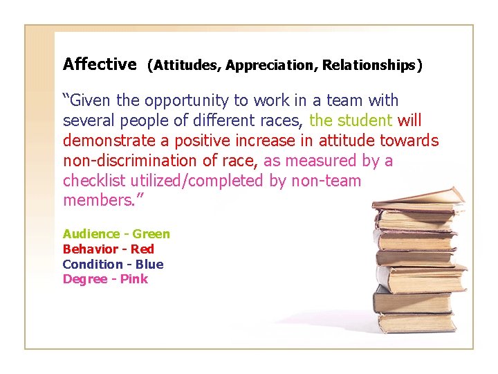 Affective (Attitudes, Appreciation, Relationships) “Given the opportunity to work in a team with several