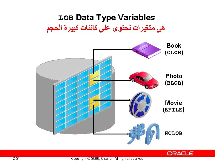 LOB Data Type Variables ﻫﻰ ﻣﺘﻐﻴﺮﺍﺕ ﺗﺤﺘﻮﻯ ﻋﻠﻰ ﻛﺎﺋﻨﺎﺕ ﻛﺒﻴﺮﺓ ﺍﻟﺤﺠﻢ Book (CLOB) Photo