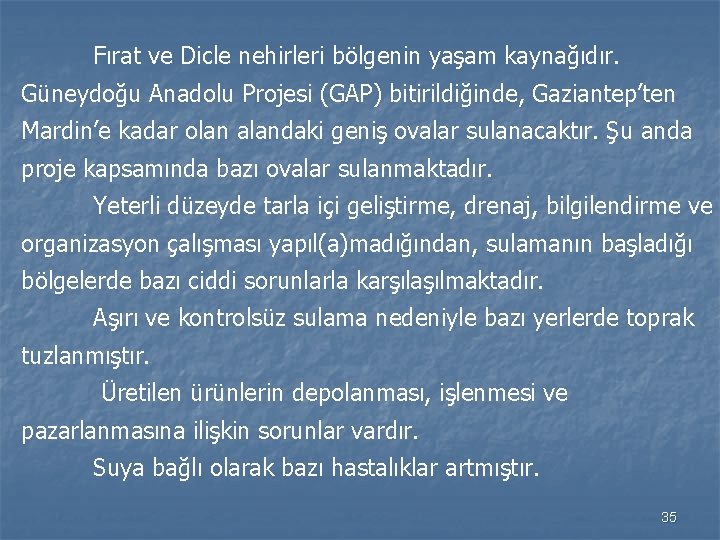 Fırat ve Dicle nehirleri bölgenin yaşam kaynağıdır. Güneydoğu Anadolu Projesi (GAP) bitirildiğinde, Gaziantep’ten Mardin’e