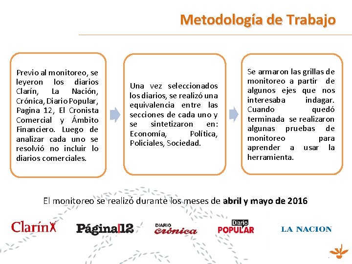 Metodología de Trabajo Previo al monitoreo, se leyeron los diarios Clarín, La Nación, Crónica,