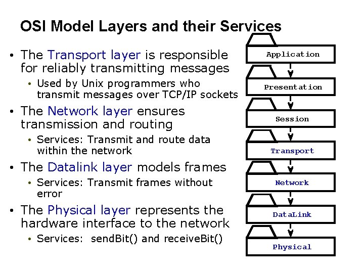 OSI Model Layers and their Services • The Transport layer is responsible for reliably