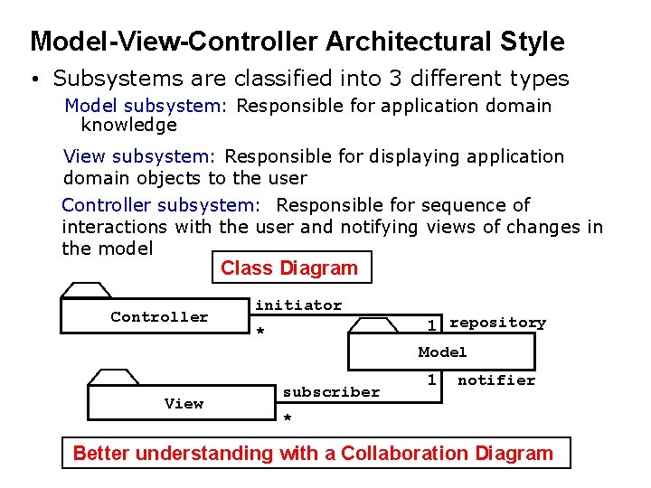Model-View-Controller Architectural Style • Subsystems are classified into 3 different types Model subsystem: Responsible