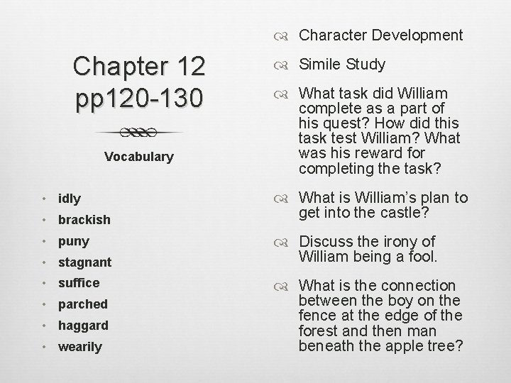 Character Development Chapter 12 pp 120 -130 Vocabulary • idly • brackish •