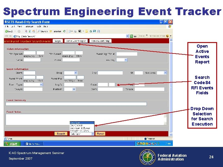 Spectrum Engineering Event Tracker Open Active Events Report Search Code 84 RFI Events Fields