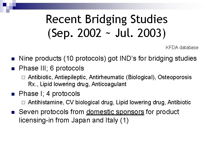 Recent Bridging Studies (Sep. 2002 ~ Jul. 2003) KFDA database n n Nine products Recent Bridging Studies (Sep. 2002 ~ Jul. 2003) KFDA database n n Nine products
