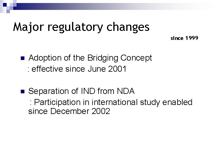 Major regulatory changes since 1999 n Adoption of the Bridging Concept : effective since Major regulatory changes since 1999 n Adoption of the Bridging Concept : effective since