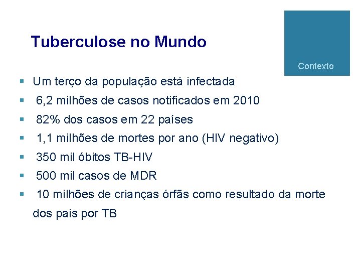 Tuberculose no Mundo Contexto § Um terço da população está infectada § 6, 2