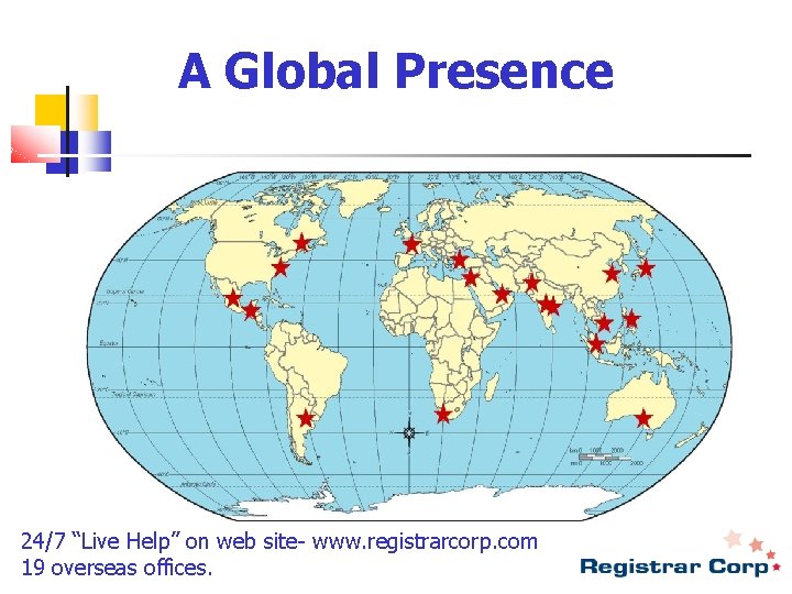 A Global Presence 24/7 “Live Help” on web site- www. registrarcorp. com 19 overseas