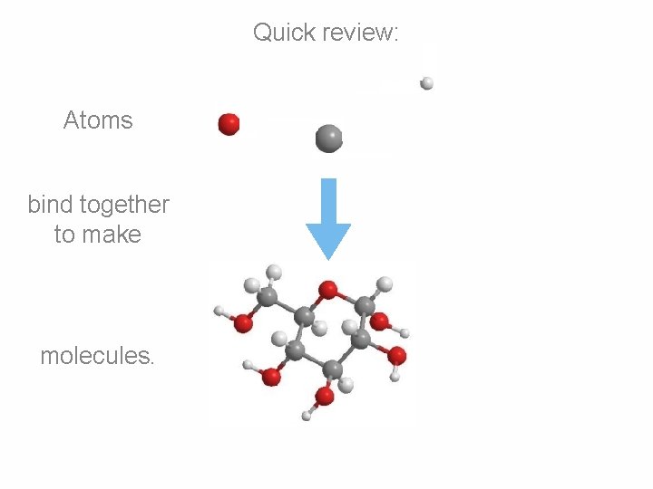 Quick review: Atoms bind together to make molecules. Quick review: Atoms bind together to make molecules.