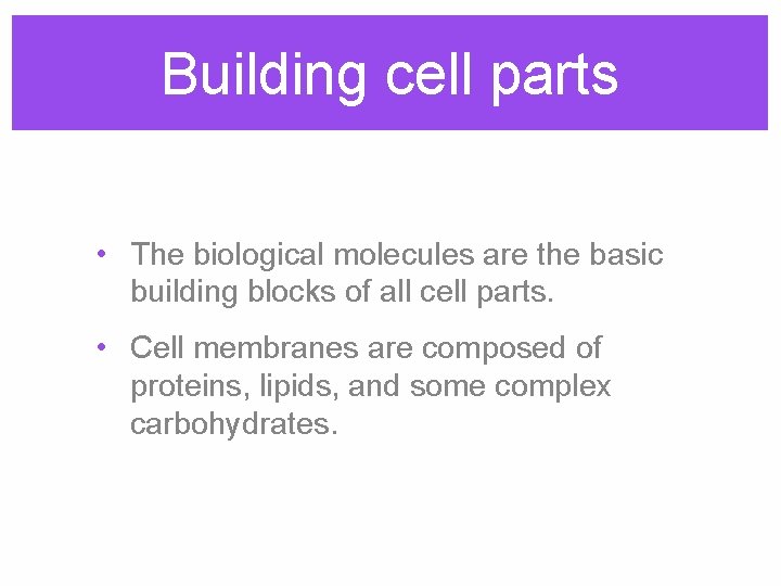 Building cell parts • The biological molecules are the basic building blocks of all Building cell parts • The biological molecules are the basic building blocks of all