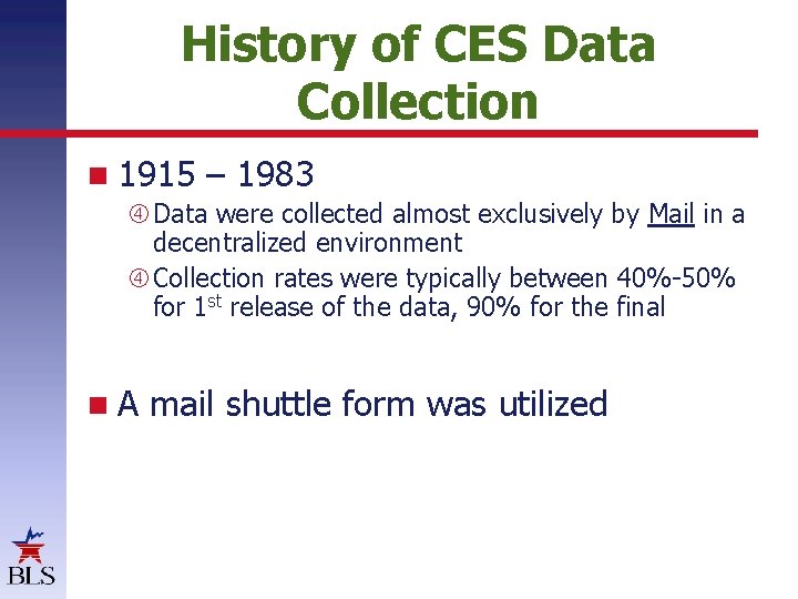 History of CES Data Collection 1915 – 1983 Data were collected almost exclusively by