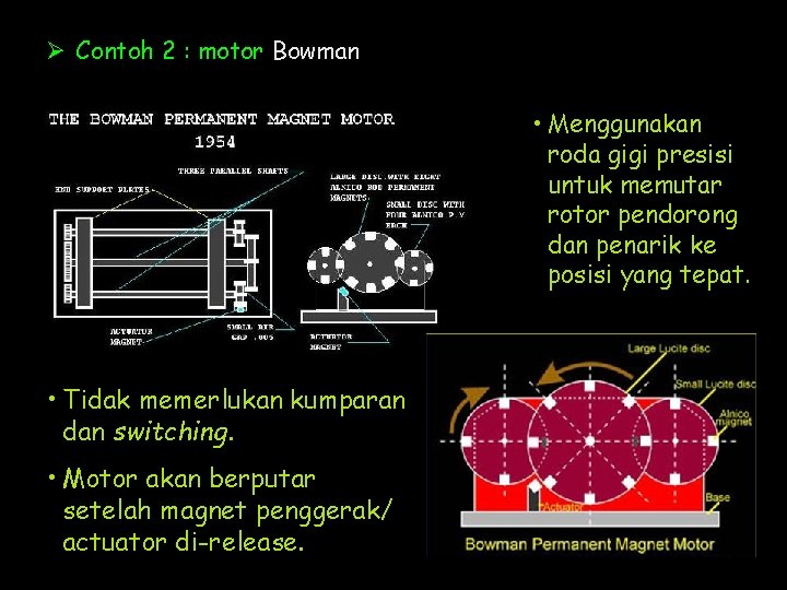 Ø Contoh 2 : motor Bowman • Menggunakan roda gigi presisi untuk memutar rotor