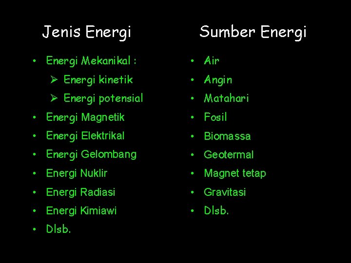 Jenis Energi • Energi Mekanikal : Sumber Energi • Air Ø Energi kinetik •