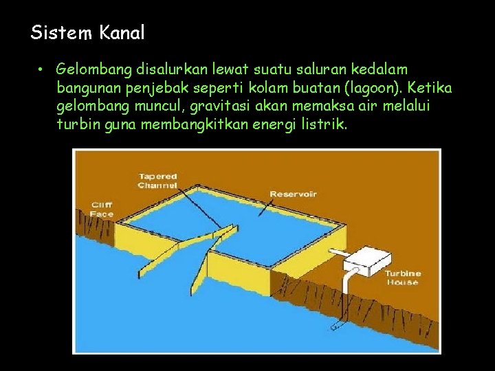 Sistem Kanal • Gelombang disalurkan lewat suatu saluran kedalam bangunan penjebak seperti kolam buatan