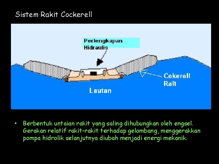 Sistem Rakit Cockerell • Berbentuk untaian rakit yang saling dihubungkan oleh engsel. Gerakan relatif