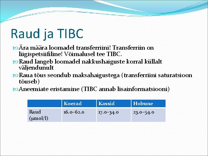 Raud ja TIBC Ära määra loomadel transferriini! Transferriin on liigispetsiifiline! Võimalusel tee TIBC. Raud