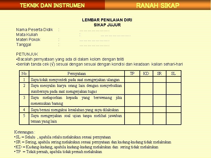 RANAH SIKAP TEKNIK DAN INSTRUMEN Nama Peserta Didik Mata Kuliah Materi Pokok Tanggal :