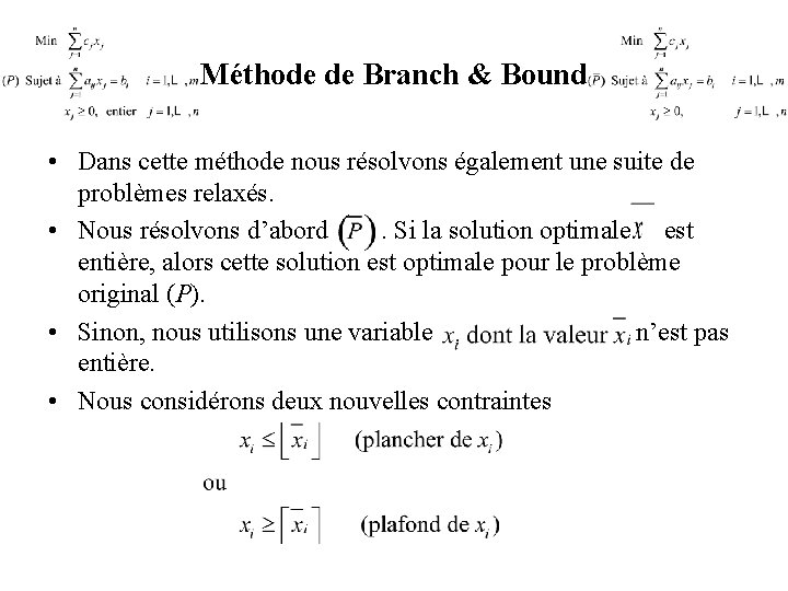 Méthode de Branch & Bound • Dans cette méthode nous résolvons également une suite