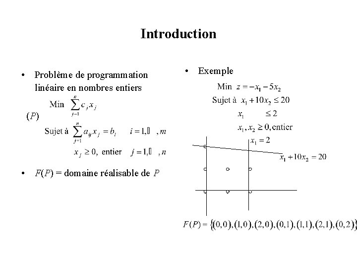 Introduction • Problème de programmation linéaire en nombres entiers (P) • F(P) = domaine