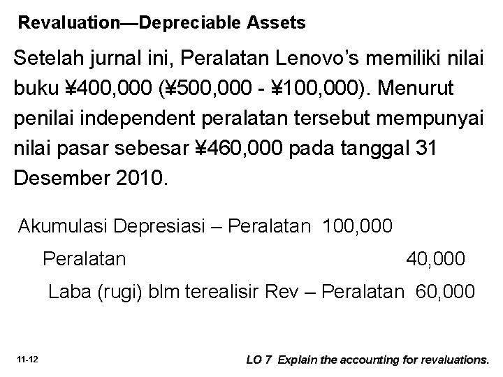 Revaluation—Depreciable Assets Setelah jurnal ini, Peralatan Lenovo’s memiliki nilai buku ¥ 400, 000 (¥