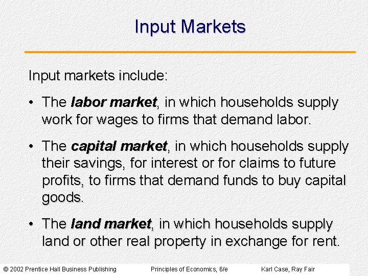 Input Markets Input markets include: • The labor market, in which households supply work
