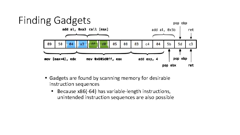 Finding Gadgets • Gadgets are found by scanning memory for desirable instruction sequences •