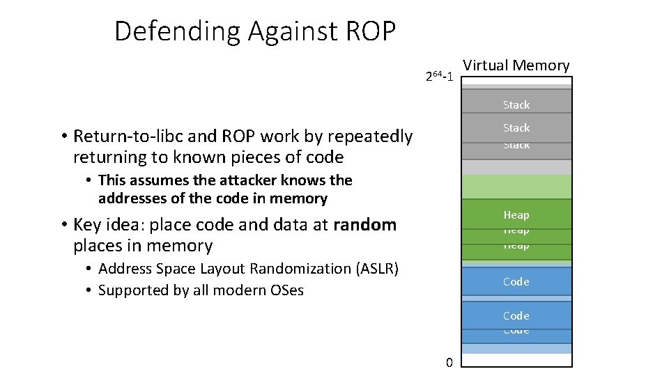 Defending Against ROP 264 -1 Virtual Memory Stack Region • Return-to-libc and ROP work