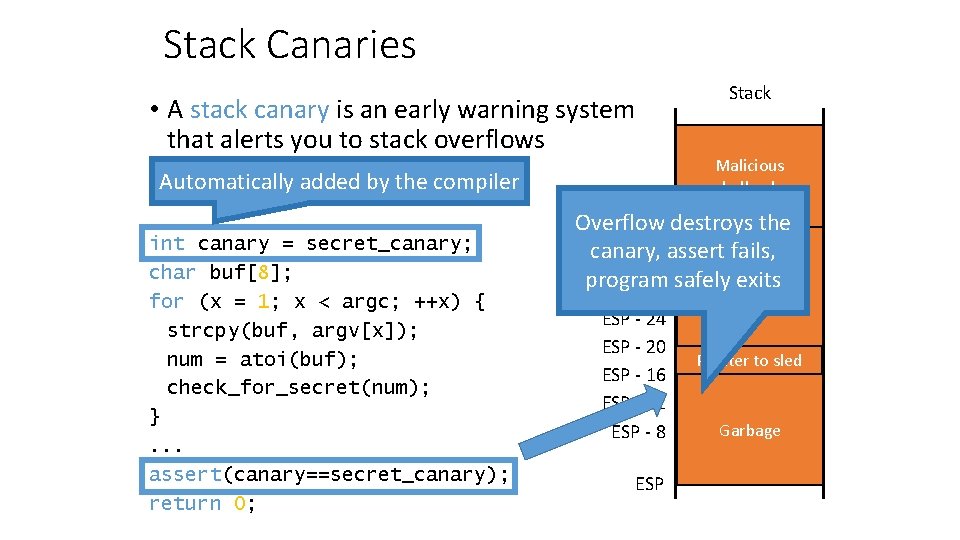 Stack Canaries • A stack canary is an early warning system that alerts you