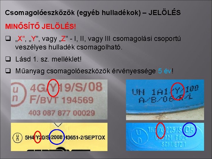 Csomagolóeszközök (egyéb hulladékok) – JELÖLÉS MINŐSÍTŐ JELÖLÉS! q „X”, X” „Y”, vagy „Z” -