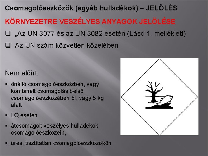 Csomagolóeszközök (egyéb hulladékok) – JELÖLÉS KÖRNYEZETRE VESZÉLYES ANYAGOK JELÖLÉSE q „Az UN 3077 és