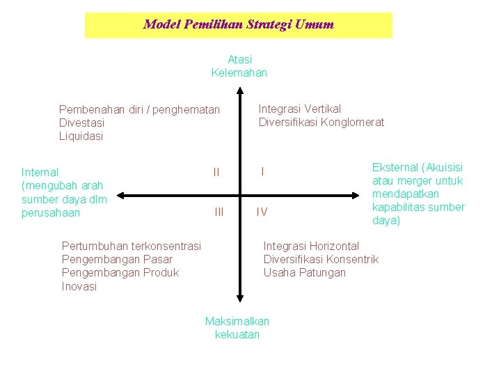 Model Pemilihan Strategi Umum Atasi Kelemahan Pembenahan diri / penghematan Divestasi Liquidasi Internal (mengubah