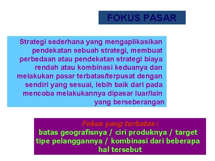 FOKUS PASAR Strategi sederhana yang mengaplikasikan pendekatan sebuah strategi, membuat perbedaan atau pendekatan strategi